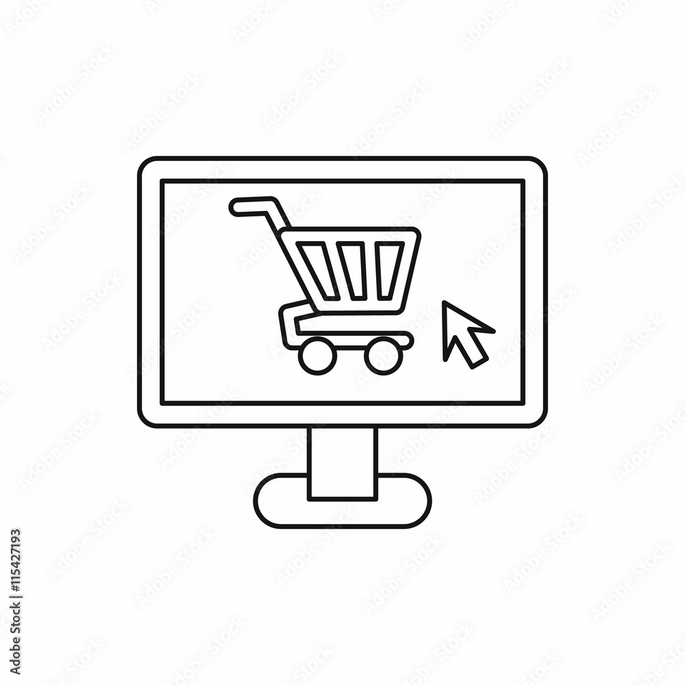 Computer monitor with shopping cart icon in outline style isolated vector illustration Computer monitor with shopping cart icon in outline style isolated vector illustration
