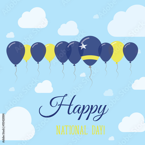 Curacao National Day Flat Patriotic Poster. Row of Balloons in Colors of the Dutch flag. Happy National Day Card with Flags, Balloons, Clouds and Sky.