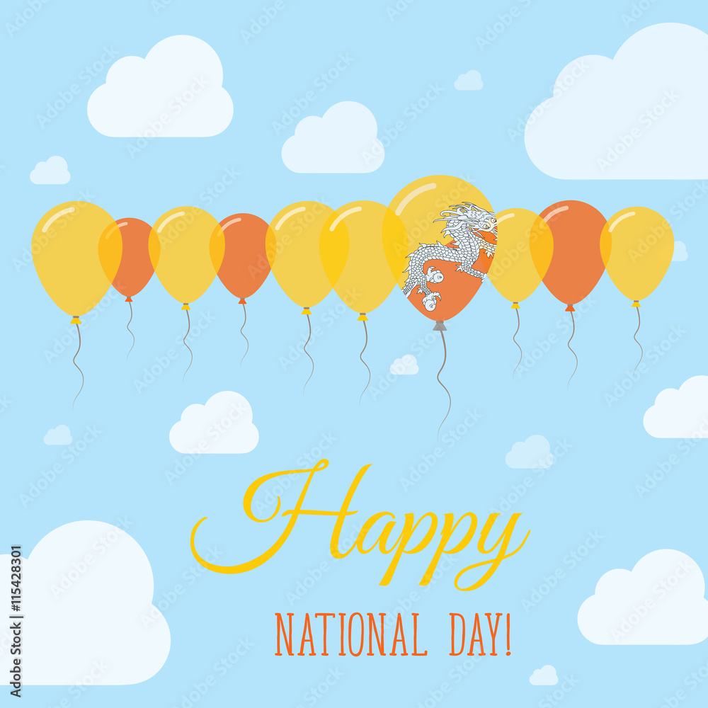Bhutan National Day Flat Patriotic Poster. Row of Balloons in Colors of the Bhutanese flag. Happy National Day Card with Flags, Balloons, Clouds and Sky.