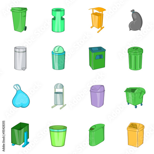 Trashcan icons in cartoon style. Garbage box set collection isolated vector illustration