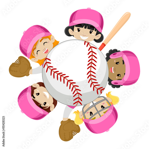 Vector Illustration of Baseball Team Girls around the Ball