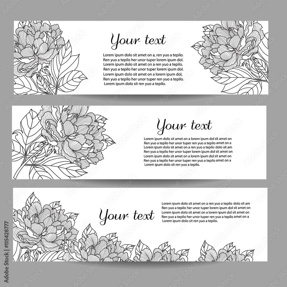 Three vector banners with beautiful monochrome floral pattern in doodle style.