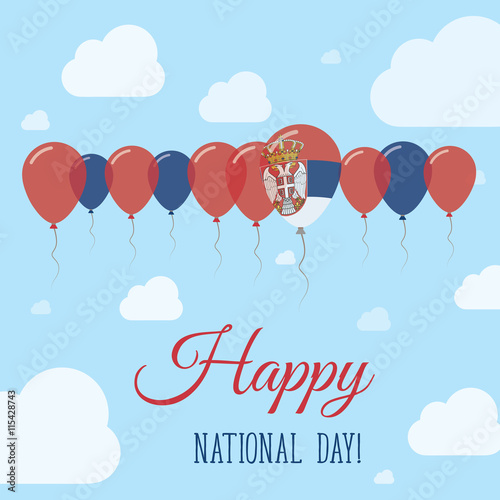 Serbia National Day Flat Patriotic Poster. Row of Balloons in Colors of the Serbian flag. Happy National Day Card with Flags, Balloons, Clouds and Sky.