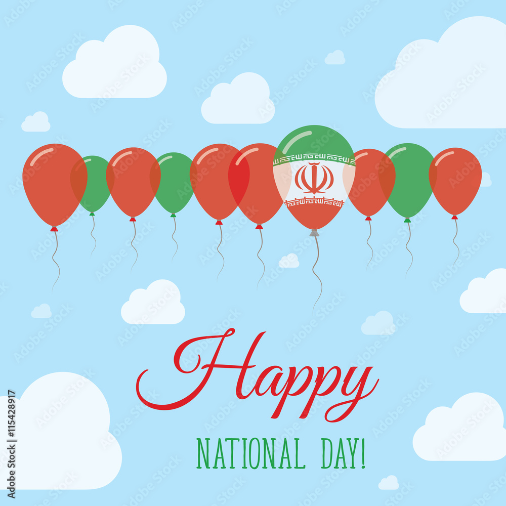 Naklejka premium Iran, Islamic Republic Of National Day Flat Patriotic Poster. Row of Balloons in Colors of the Iranian flag. Happy National Day Card with Flags, Balloons, Clouds and Sky.