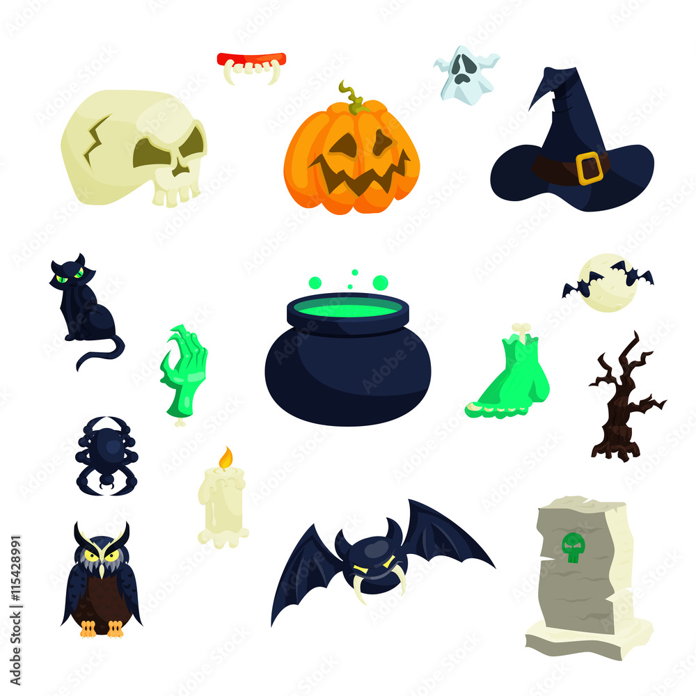 Halloween icons in cartoon style. 31 october holiday set collection isolated illustration Halloween icons in cartoon style. 31 october holiday set collection isolated illustration
