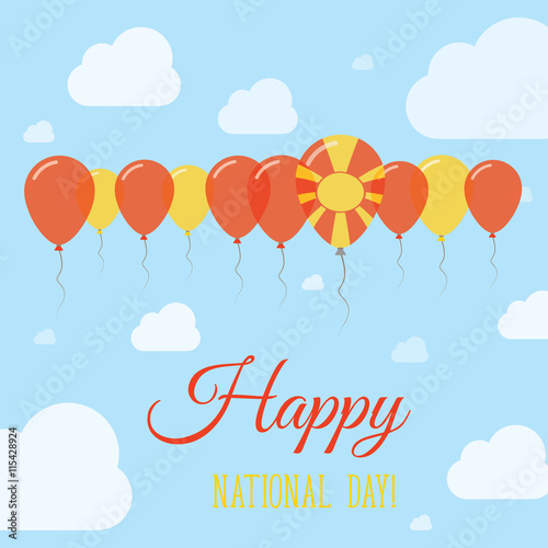 Macedonia, the Former Yugoslav Republic Of National Day Flat Patriotic Poster. Row of Balloons in Colors of the Macedonian flag. Happy National Day Card with Flags, Balloons, Clouds and Sky.