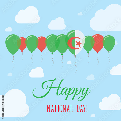 Algeria National Day Flat Patriotic Poster. Row of Balloons in Colors of the Algerian flag. Happy National Day Card with Flags, Balloons, Clouds and Sky.