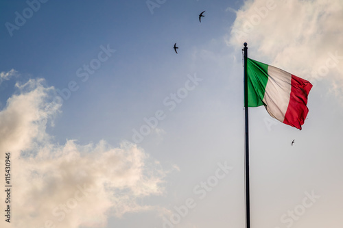 Italian flag waving in the sky with clouds and swallows, with copyspace 