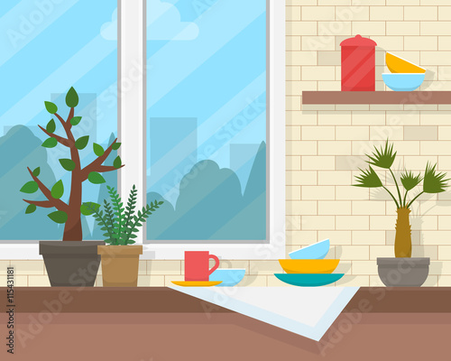 Table and window with house plants