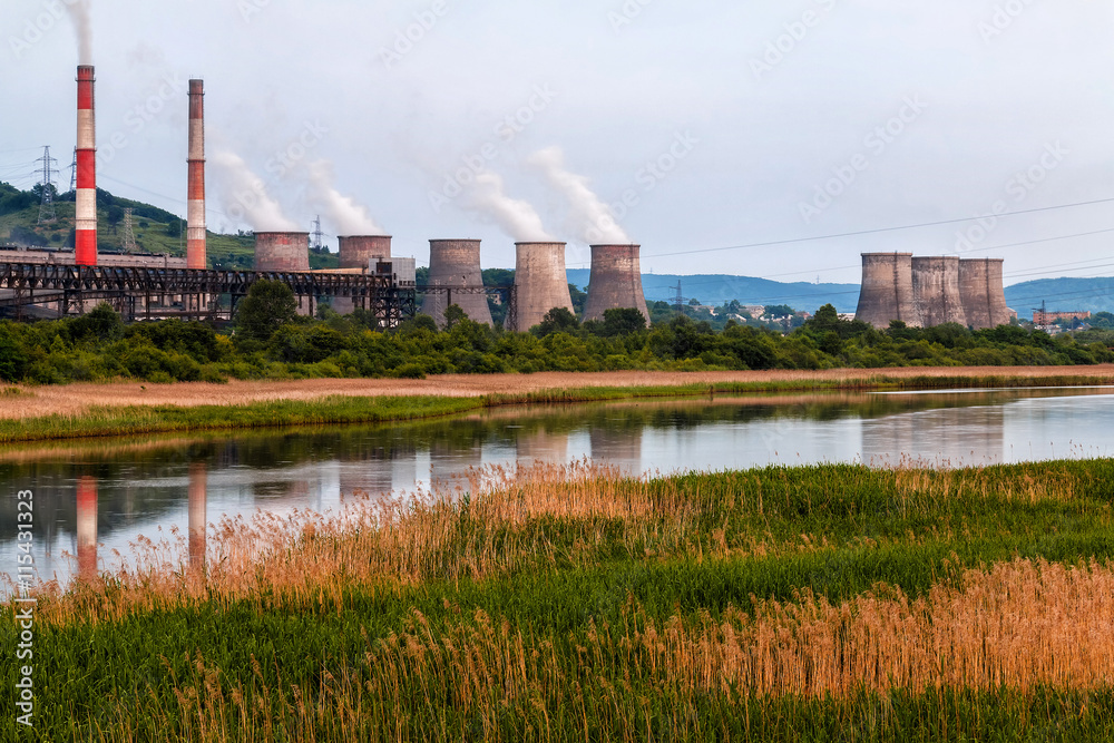 Power plant on the river bank