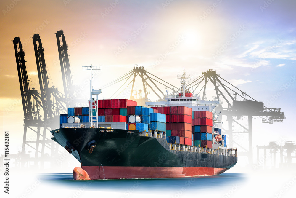 Fototapeta premium Logistics and transportation of International Container Cargo ship with ports crane bridge in harbor for logistic import export background and transport industry.