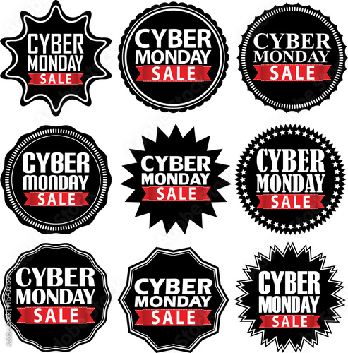 Cyber monday sale stopwatch black icon with red ribbon, vector i