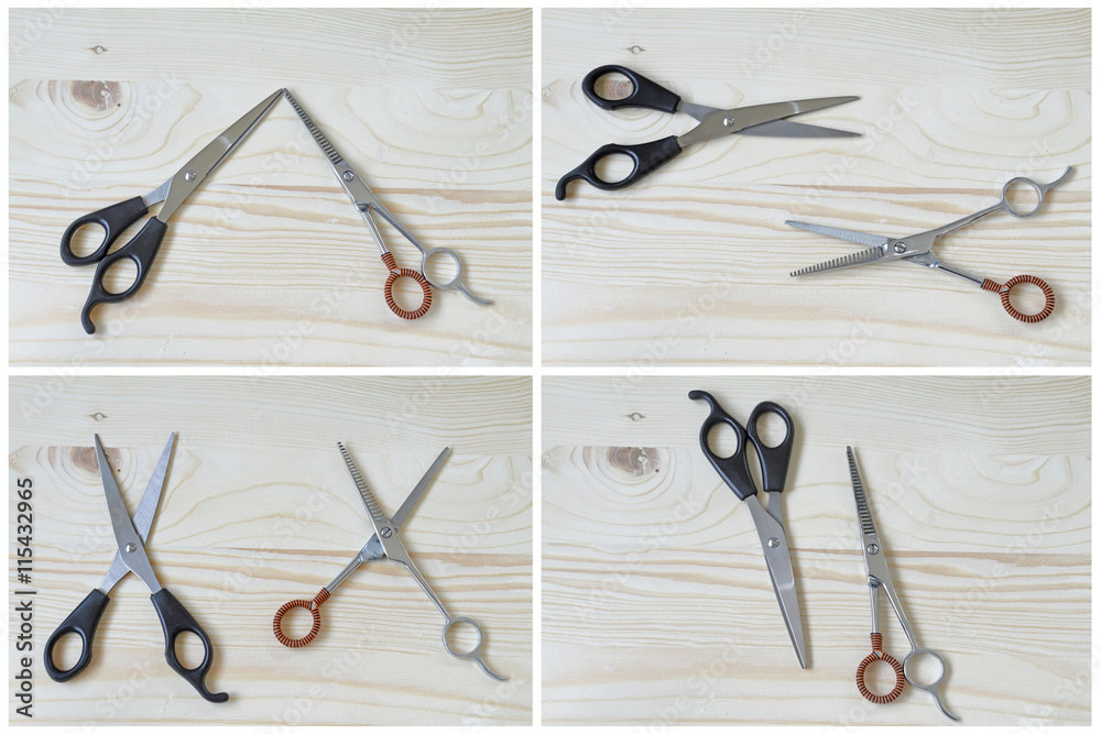 Two Scissors cut and wood background. Two Scissors cut and wood background.