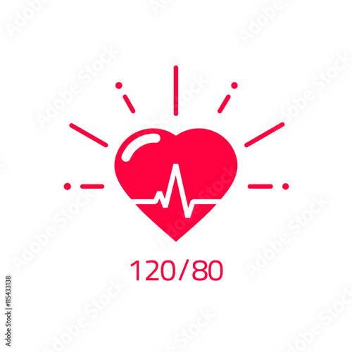 Blood pressure vector icon, heart cheering cardiogram, good health logo, healthy pulse flat symbol, medical pulsometer element, heartbeat label hospital equipment concept design isolated on white sign