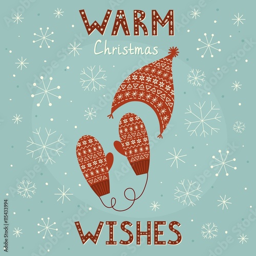 Warm Christmas wishes card with cozy mittens and cap