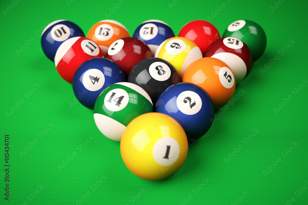 Pyramid balls pool billiard on green table. 3d illustration Pyramid balls pool billiard on green table. 3d illustration