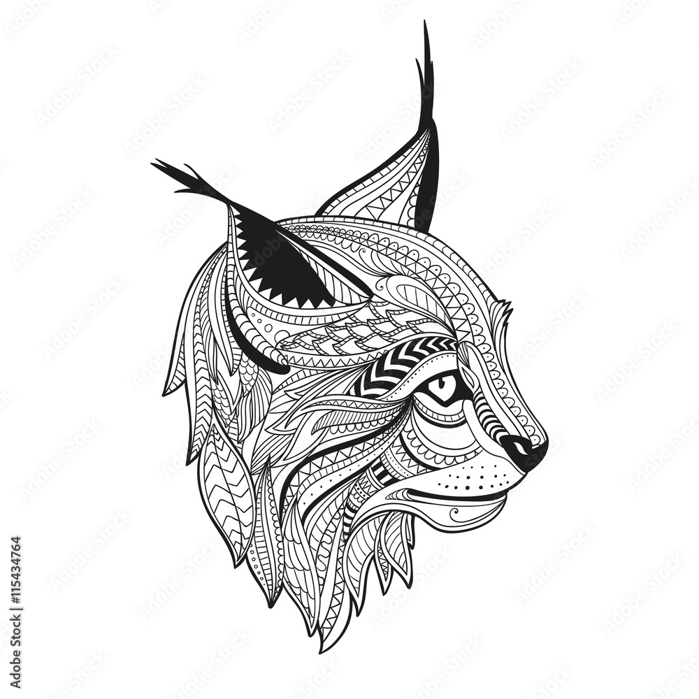 Fototapeta premium Vector Illustration of an Ornamental Ethnic Lynx Head. Zendala Design for Relexation.
