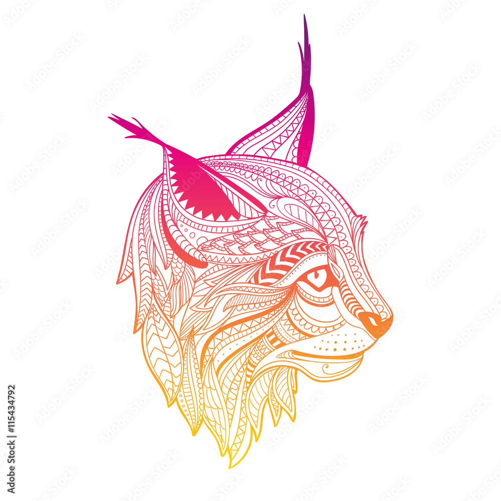 Naklejka premium Vector Illustration of an Ornamental Ethnic Lynx Head. Zendala Design for Relexation.