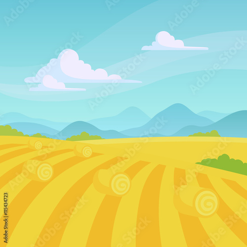 Vector Illustration of a Countryside Landscape with Fields and Hay