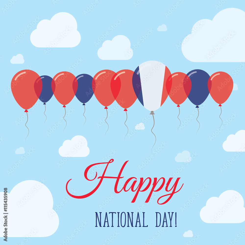 France National Day Flat Patriotic Poster. Row of Balloons in Colors of the French flag. Happy National Day Card with Flags, Balloons, Clouds and Sky. France National Day Flat Patriotic Poster. Row of Balloons in Colors of the French flag. Happy National Day Card with Flags, Balloons, Clouds and Sky.
