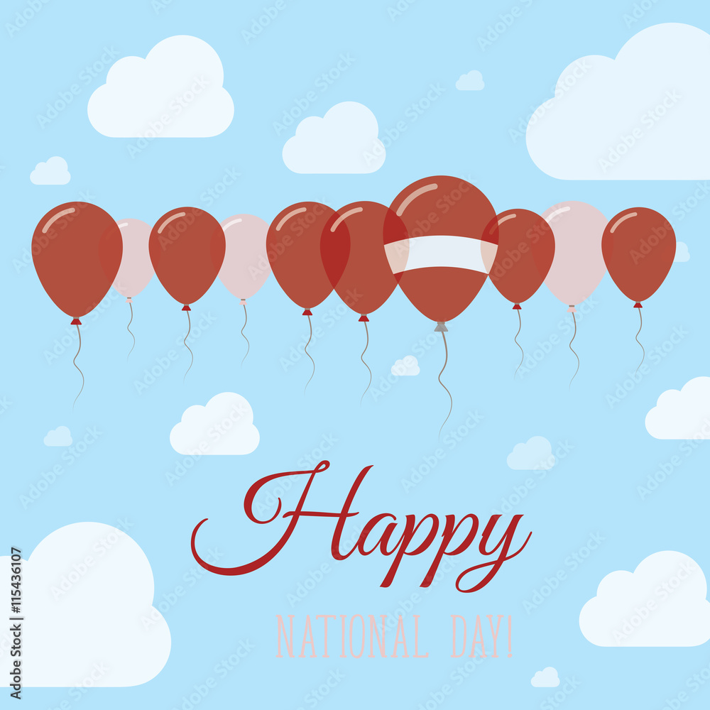Latvia National Day Flat Patriotic Poster. Row of Balloons in Colors of the Latvian flag. Happy National Day Card with Flags, Balloons, Clouds and Sky.