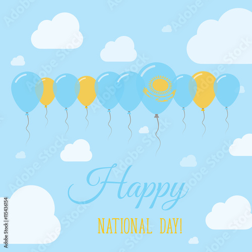 Kazakhstan National Day Flat Patriotic Poster. Row of Balloons in Colors of the Kazakhstani flag. Happy National Day Card with Flags, Balloons, Clouds and Sky.