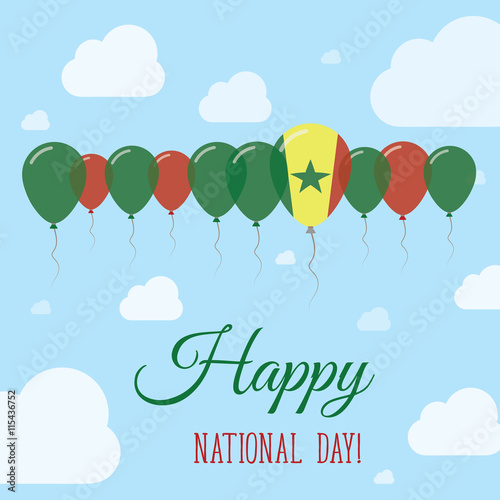 Senegal National Day Flat Patriotic Poster. Row of Balloons in Colors of the Senegalese flag. Happy National Day Card with Flags, Balloons, Clouds and Sky.