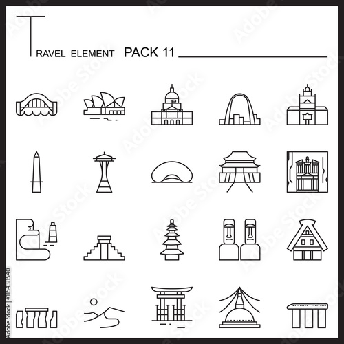 Travel Element Line Icon Set 11.Landmark thin icons.Mono pack.Gr