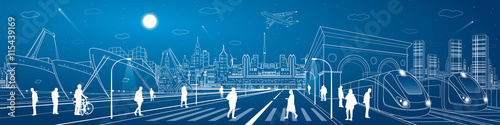 Mega infrastructure city panorama, train railway station, people walking on street, industrial and transportation illustration, night town, airplane flying, cargo port, vector design art