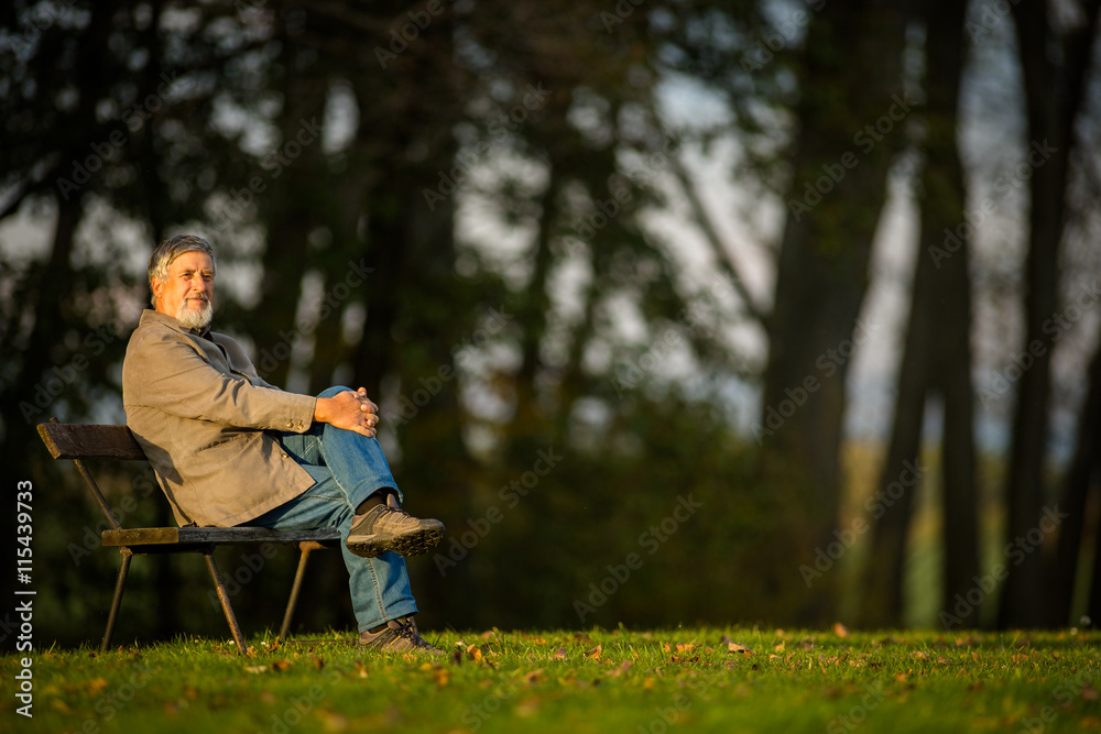 Fototapeta premium Portrait of a senior man outdoors, sitting on a bench in a park