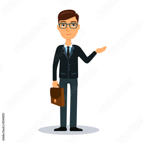 Businessman with briefcase. Business man character. Broker, manager or dealer. Flat vector illustration.