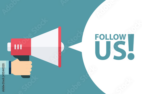 Male hand holding megaphone with follow us speech bubble. Follow us banner for social networks. Loudspeaker. Template for digital marketing, promotion and advertising. Vector illustration. photo