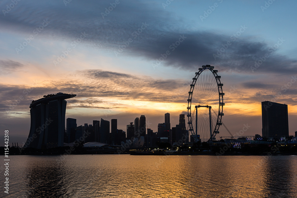 Silhouette of Singapore's Marina Bay area. View overlooking the