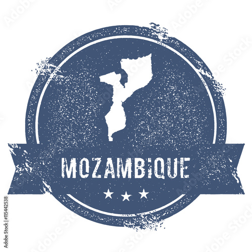 Travel rubber stamp featuring the name and map of Mozambique, ideal for insignia, logotype, label, sticker, or badge.