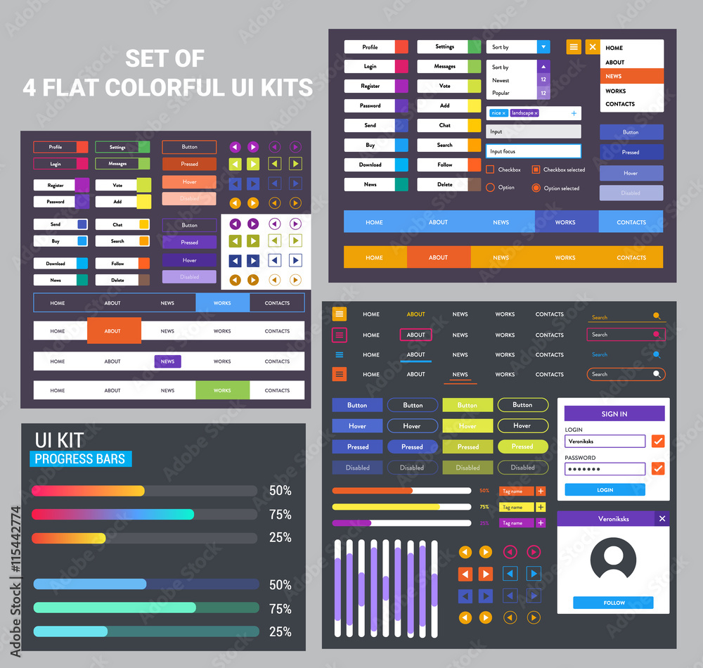 Flat ui kit set of 4 UI KITS. web elements, mobile elements, progress bars.