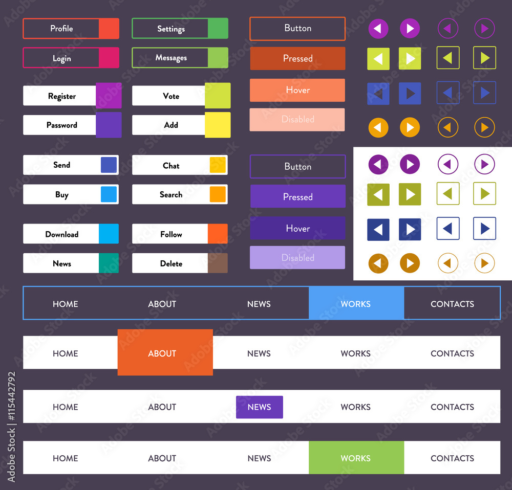 Colorful flat ui kit with web mobile design elements, menu bars, butons state