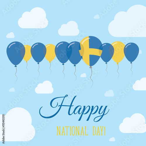 Sweden National Day Flat Patriotic Poster. Row of Balloons in Colors of the Swedish flag. Happy National Day Card with Flags, Balloons, Clouds and Sky.