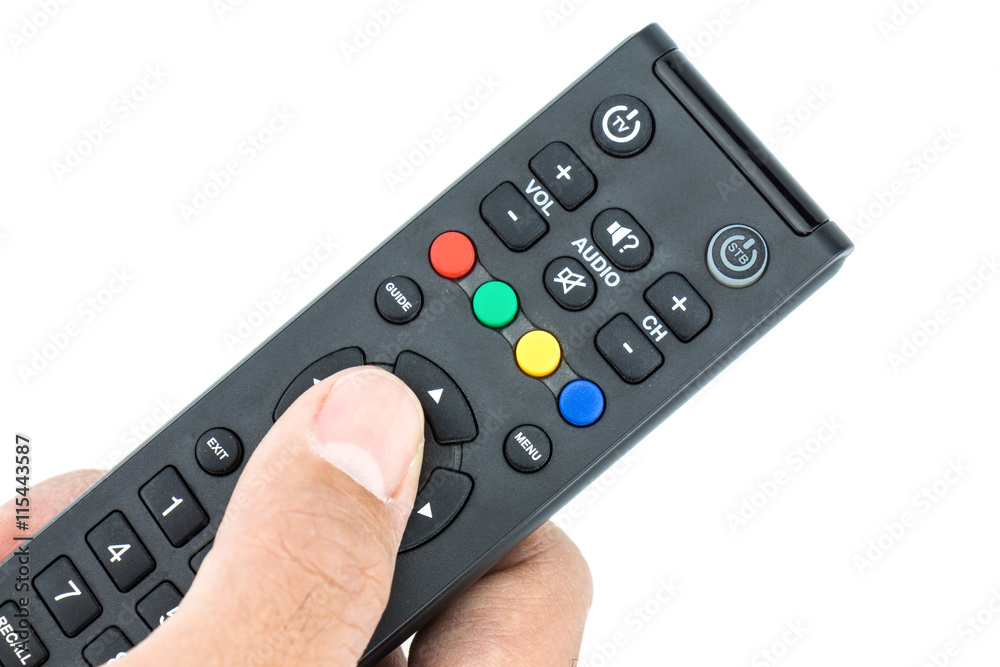 Hand held with remote control pointing forward on white backgrou Hand held with remote control pointing forward on white backgrou