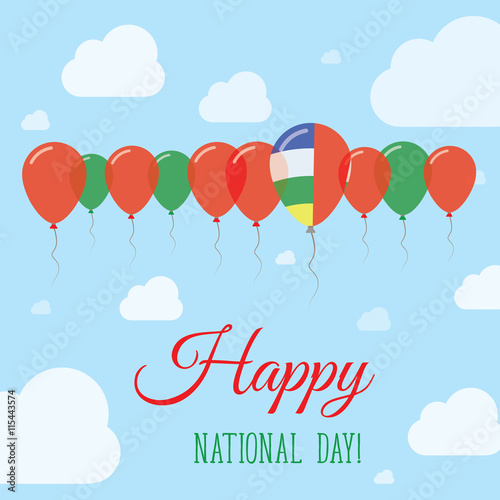 Central African Republic National Day Flat Patriotic Poster. Row of Balloons in Colors of the Central African flag. Happy National Day Card with Flags, Balloons, Clouds and Sky.