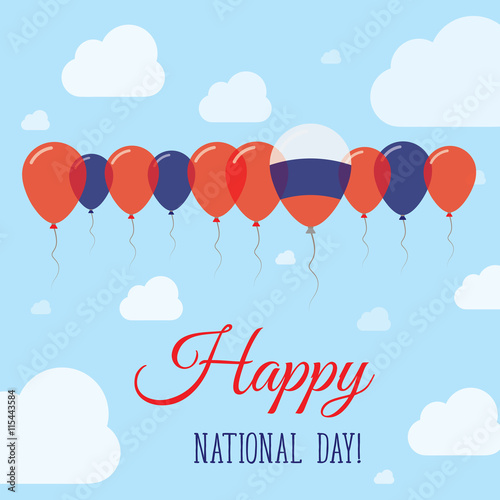 Russian Federation National Day Flat Patriotic Poster. Row of Balloons in Colors of the Russian flag. Happy National Day Card with Flags, Balloons, Clouds and Sky.