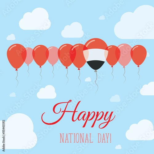 Yemen National Day Flat Patriotic Poster. Row of Balloons in Colors of the Yemeni flag. Happy National Day Card with Flags, Balloons, Clouds and Sky.