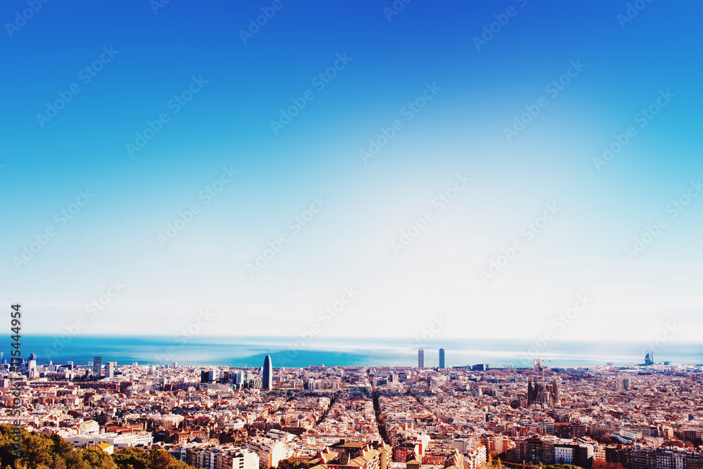 A bird view over city in sunset. Barcelona, Catalonia, Spain.