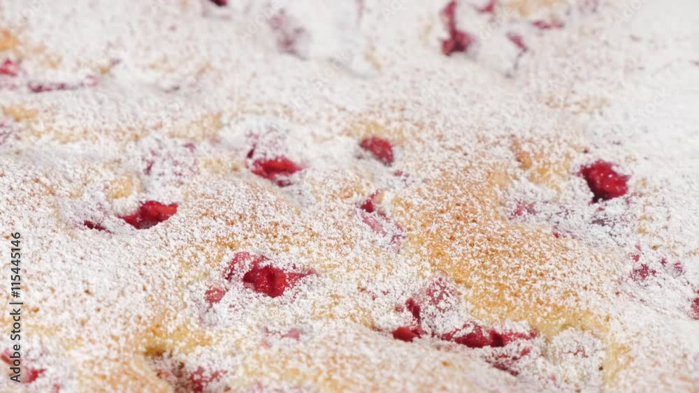 Powdered sugar added on sour cherry cake close-up 4K 2160p UHD footage - Icing sugar dust on cherry cake while panning 4K 3840X2160 UHD video Powdered sugar added on sour cherry cake close-up 4K 2160p UHD footage - Icing sugar dust on cherry cake while panning 4K 3840X2160 UHD video
