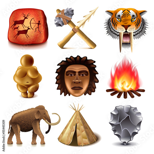 Prehistoric people icons vector set