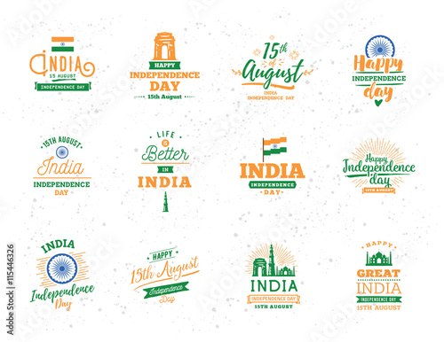 India Independence day, 15th august. Vector emblems.