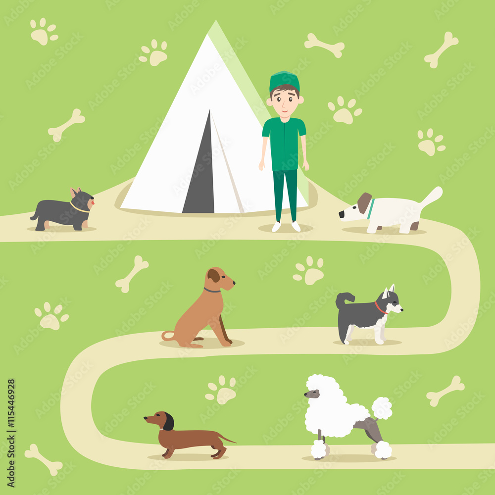 Fototapeta premium Set of dogs. Cartoon vector illustration. Vet clinic