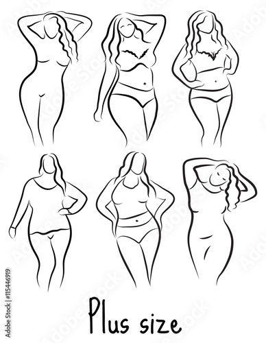 Plus size model woman sketch. Hand drawing style. Fashion logo with overweight. Curvy body icon design. Vector illustration