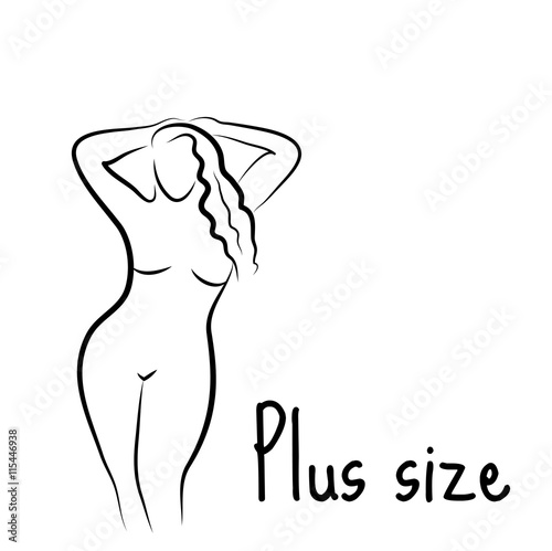 Plus size model woman sketch. Hand drawing style. Fashion logo with overweight. Curvy body icon design. Vector illustration