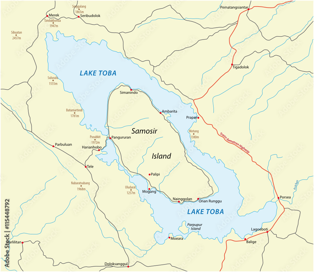 vector road map of Indonesian volcano lake toba on Sumatra