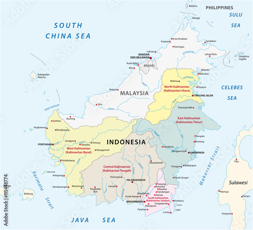 administrative and political vector map of Indonesia s districts on the island Borneo  Kalimantan